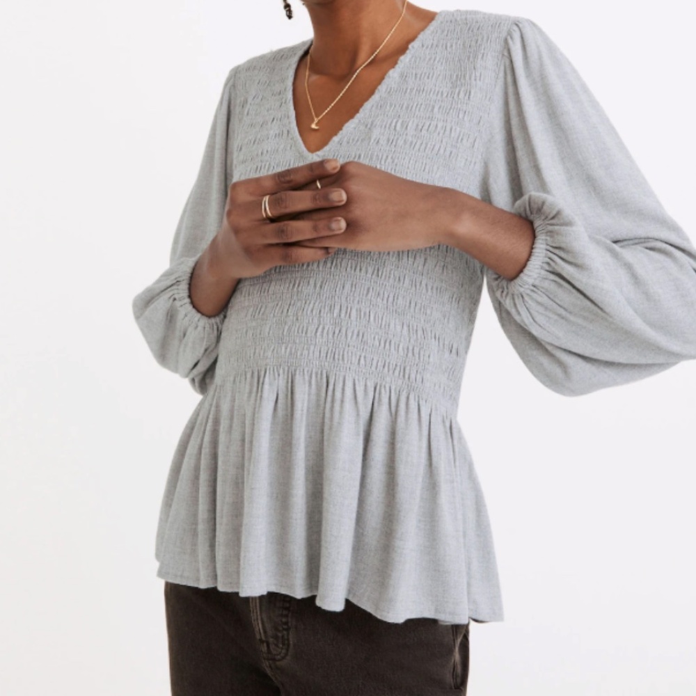 Madewell Lucie V-Neck Smocked Peplum Top in Wool Gauze
